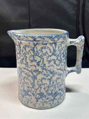 Antique Blue Spongeware Pitcher 19th Century American Stoneware Spatterware Farm